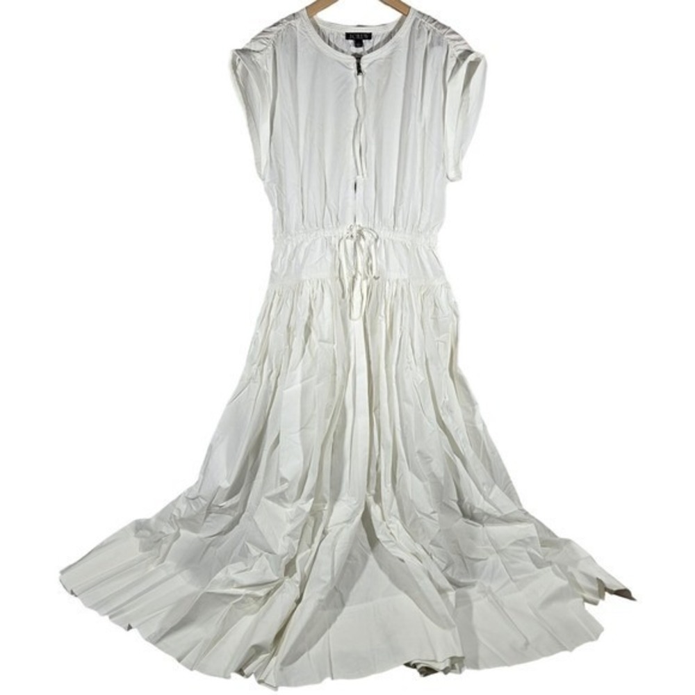 J Crew White Tiered Drop-waist Midi Dress Elastic Waist Drawstring Zip Front L